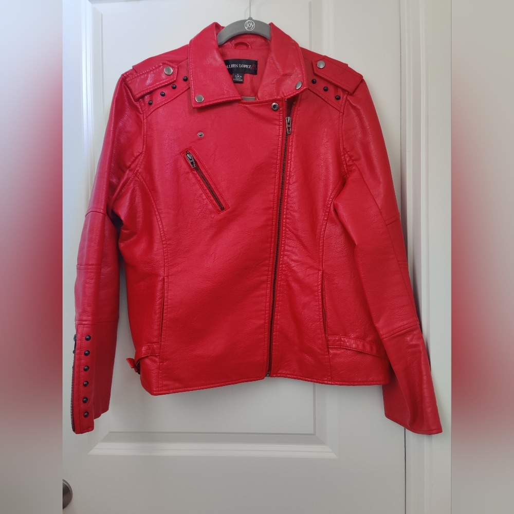 Colleen Lopez Faux Leather Studded Moto Biker Jacket red Size XL